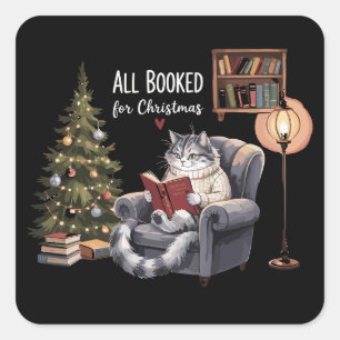 All Booked for Christmas Bookish Cat Winter Readin Square Sticker