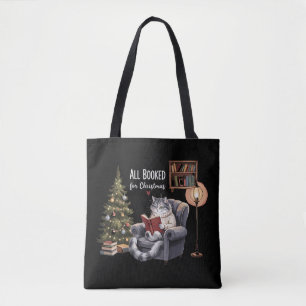 All Booked for Christmas Bookish Cat Winter Readin Tote Bag