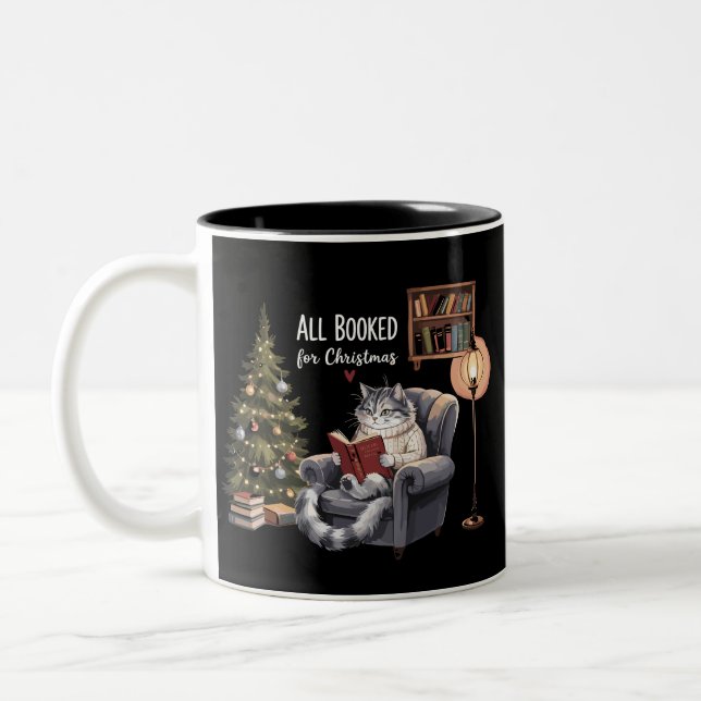 All Booked for Christmas Bookish Cat Winter Readin Two-Tone Coffee Mug (Left)