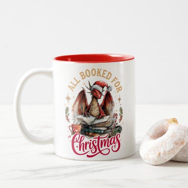 All Booked for Christmas Dragon  Two-Tone Coffee Mug (With Donut)
