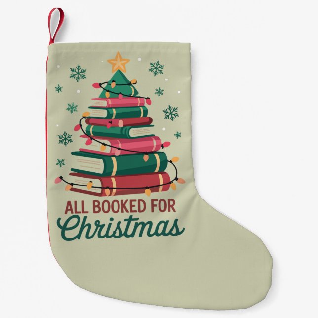 All Booked For Christmas Librarian Book Lover Tree Small Christmas Stocking (Front)