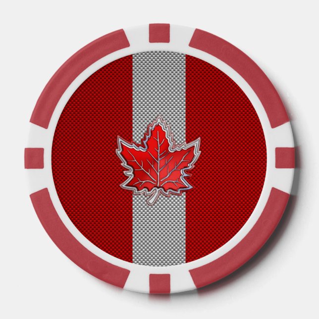 All Canadian Red Maple Leaf on Carbon Fibre Print Poker Chips (Front)