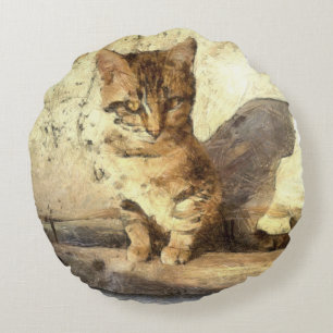 All Cats Are Black In The Dark Pencil Sketch Round Cushion