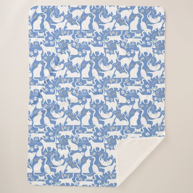 All Cats pattern.w.bx4 L Blue BG Sherpa Blanket (Front)