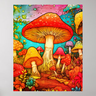 All Colours of Mushrooms Black Background On a Wal Poster