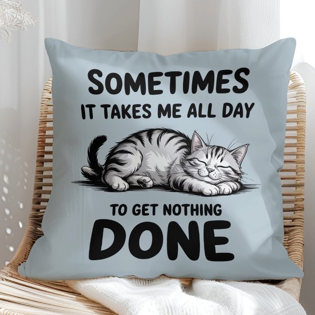 "All Day Doing Nothing" Funny Lazy Cat Cushion ("All Day Doing Nothing" Funny Lazy Cat Throw Pillow in a sunny boho rattan chair)