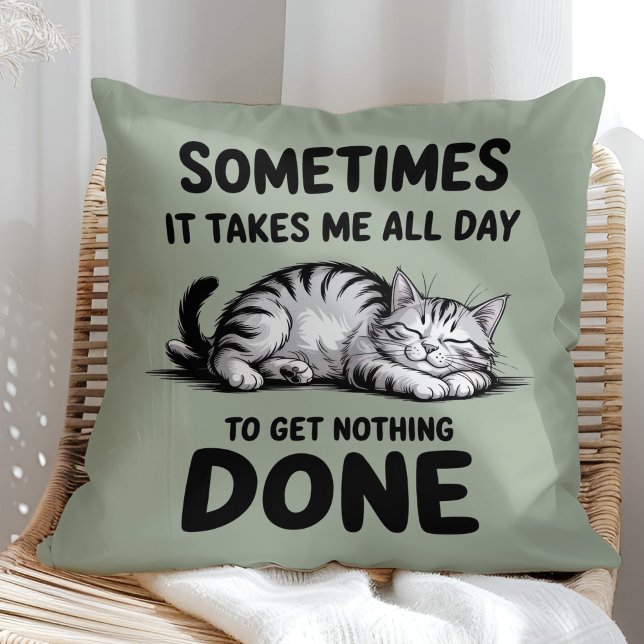 "All Day Doing Nothing" Funny Lazy Cat Cushion ("All Day Doing Nothing" Funny Lazy Cat Throw Pillow in a sunny boho rattan chair)