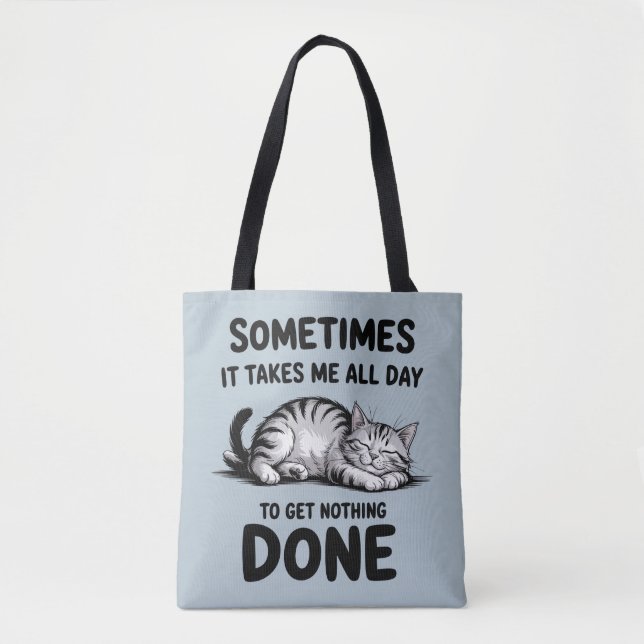 "All Day Doing Nothing" Funny Lazy Cat Tote Bag (Front)