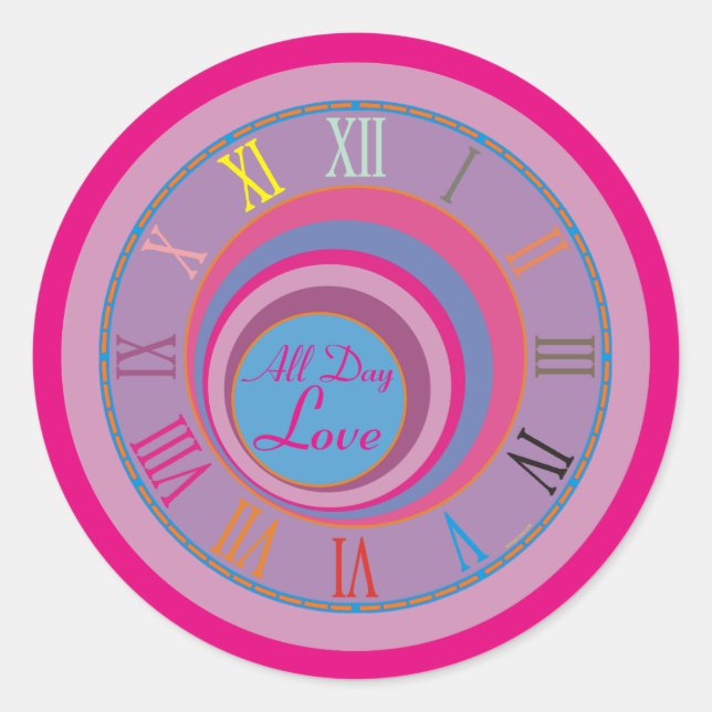 All Day Love Clock Art Pink Purple Blue Girly  Classic Round Sticker (Front)