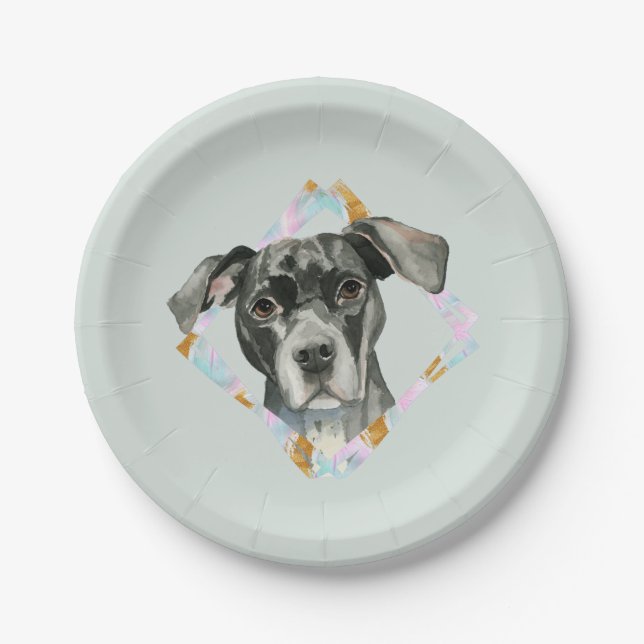 "All Ears" Pit Bull Dog Watercolor Painting Paper Plate (Front)
