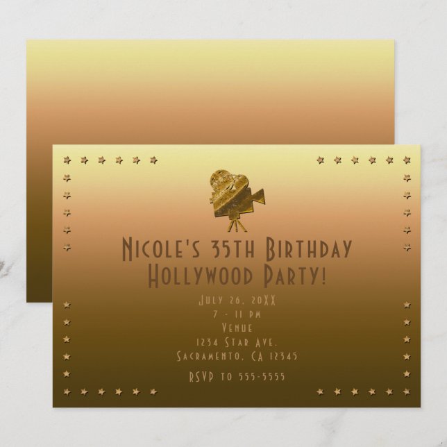 All Gold Cinema & Stars Hollywood Party Invitation (Front/Back)