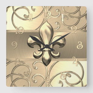 All Gold Filigree Swirls Fleur de Lis Square Wall Clock