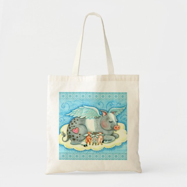 ALL GOOD PIGLETS GO TO HEAVEN, CUTE PIG ANGELS TOTE BAG (Front)