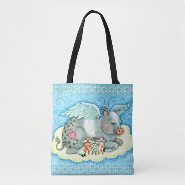ALL GOOD PIGLETS GO TO HEAVEN, CUTE PIG ANGELS TOTE BAG (Front)