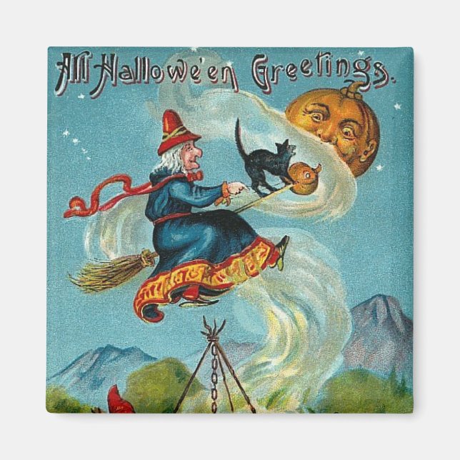 All Halloween Greetings Flying Witch Magnet (Front)