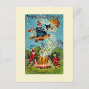 All Halloween Greetings Flying Witch Postcard