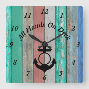 All Hands on Deck – Nautical Wood Plank Square Wall Clock
