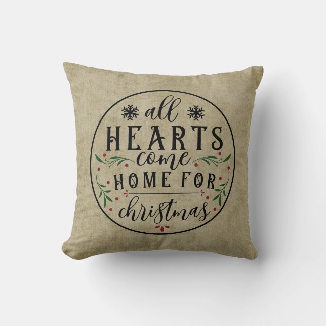 All Hearts Come Home For Christmas - Primitive Cushion (Front)