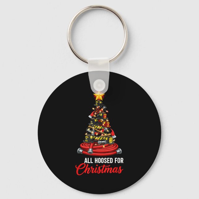 All Hoosed Christmas Firefighter Tree Shirt, Firem Key Ring (Front)