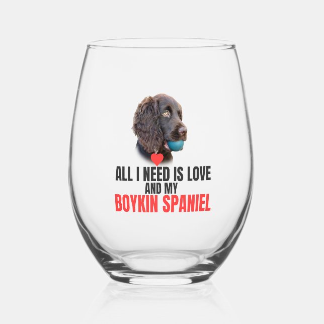All I Need is Love-Customised Boykin Spaniel  Stemless Wine Glass (Front)