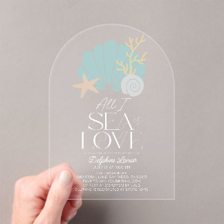 All I Sea is Love Blue Seashells Bridal Shower Acrylic Invitations
