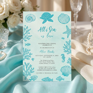 All I Sea Is Love Coastal Boho Shell Aqua Art Invitation