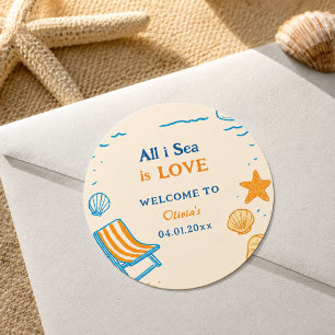 All I Sea Is Love Coastal Bold Beach Orange Art Classic Round Sticker