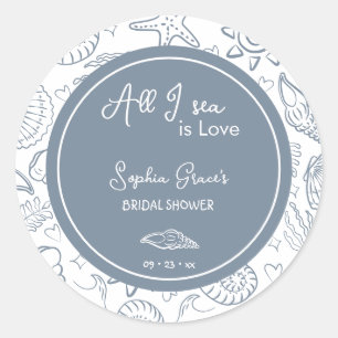 All I Sea is Love Dusty Blue Seashells Doodles Classic Round Sticker