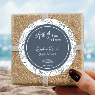 All I Sea is Love Navy Blue Seashells Doodles Classic Round Sticker