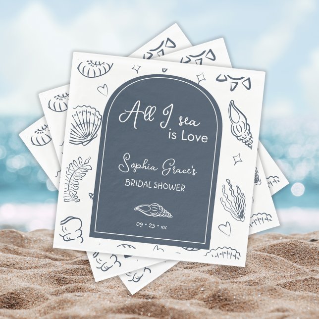 All I Sea is Love Navy Blue Seashells Doodles  Napkin (Creator Uploaded)