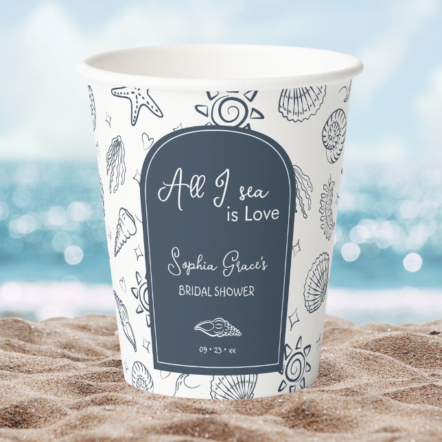 All I Sea is Love Navy Blue Seashells Doodles  Paper Cups (Creator Uploaded)