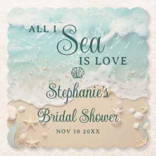 All I Sea Is Love Ocean Waves Beach Bridal Shower Paper Coaster