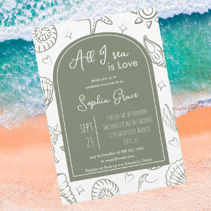 All I Sea is Love Sage Green Doodles Bridal Shower Invitation