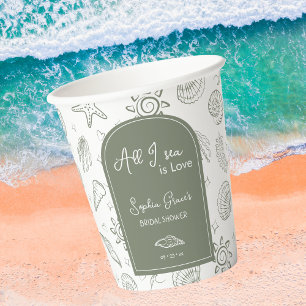All I Sea is Love Sage Green Seashells Doodles Paper Cups