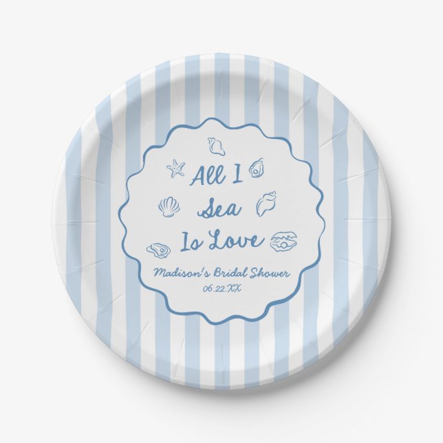 All I Sea Is Love Seashell Coastal Bridal Shower Paper Plate (Front)