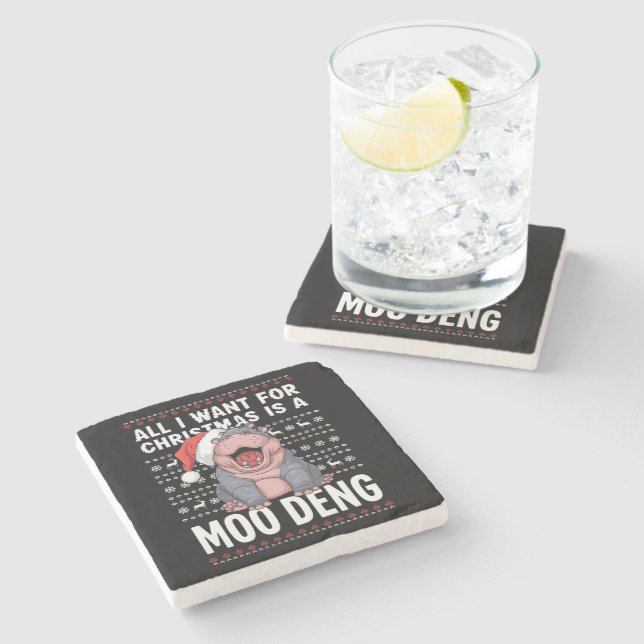 All I Want for Christmas is a Moo Deng  Stone Coaster (Side)