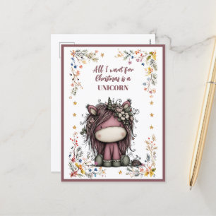 All I Want for Christmas Is A UNICORN Holiday Postcard