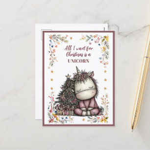 All I Want for Christmas Is A UNICORN Holiday Postcard