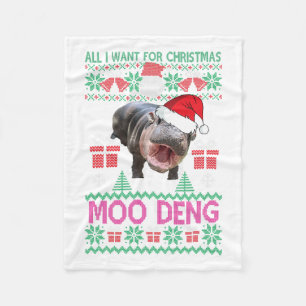 All I Want For Christmas Is Moo Deng Hippopotamus Fleece Blanket