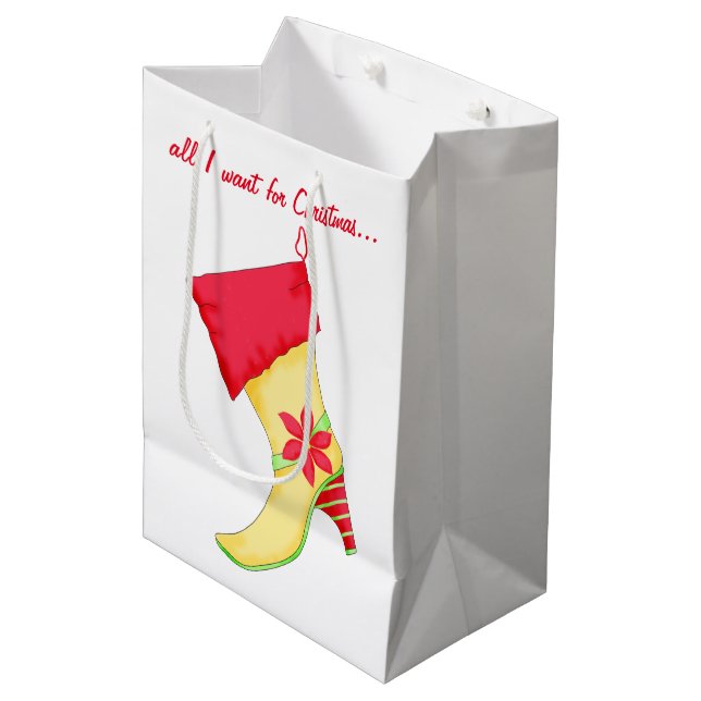 All I Want for Christmas Poinsettia Stocking Medium Gift Bag (Front Angled)