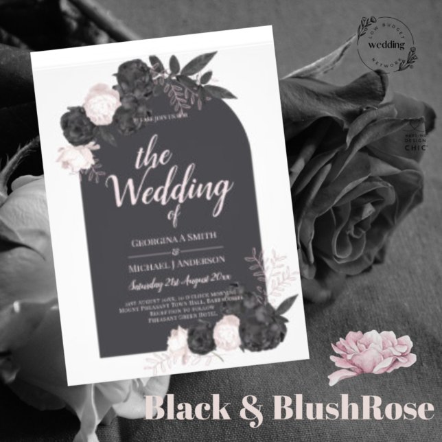 All-In-1 Black Blush Rose Gothic Wedding QR Code  Invitation (Creator Uploaded)