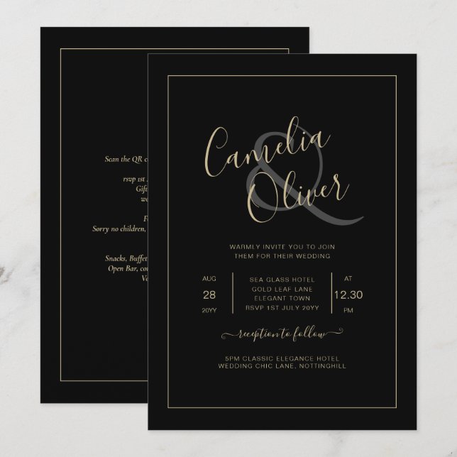 All-in-1 Elegant Classic Black GOLD Text Wedding Invitation (Front/Back)