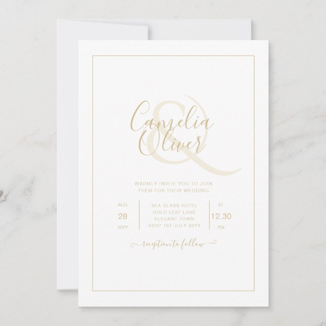 All-in-1 Elegant Classic Gold Text White Wedding I Invitation (Front)
