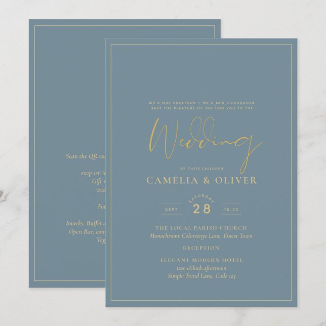 All-in-1 Elegant Sea Glass Teal Gold Wedding QR cd Invitation (Front/Back)