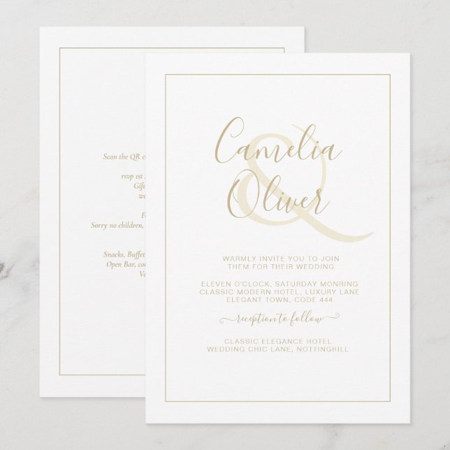 All-in-1 Elegant White Gold Font Classic Wedding I Invitation (Front/Back)