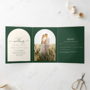 All-in-1 Emerald Green Wedding RSVP Program PHOTO Tri-Fold Invitation