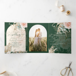 All-in-1 Green Pampas Grass Peach Wedding PHOTO T Tri-Fold Invitation