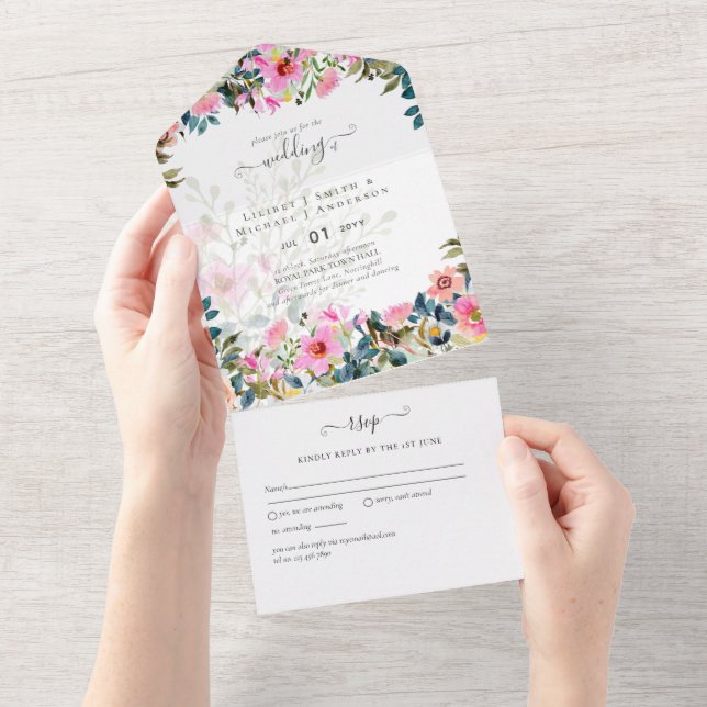 All in 1 Love in Bloom Spring Flowers Wedding RSVP All In One Invitation (Tearaway)