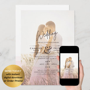 All-in-1 Pink Ombre Photo Overlay Wedding QR Code Invitation