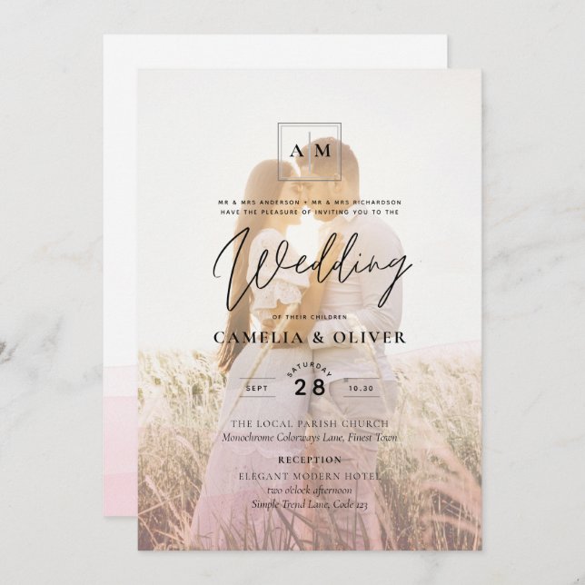 All-in-1 Pink Ombre Photo Overlay Wedding QR Code Invitation (Front/Back)